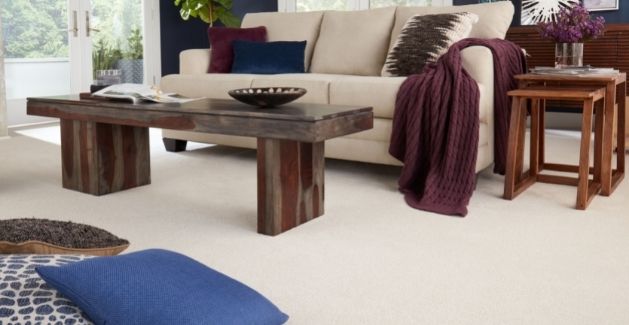 casual family room with stain-resistant beige carpet, purple and blue accents, best carpet for the room.